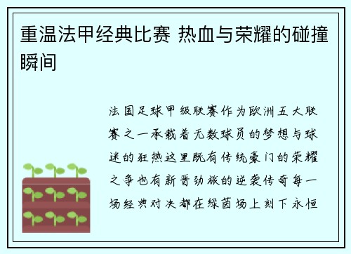 重温法甲经典比赛 热血与荣耀的碰撞瞬间